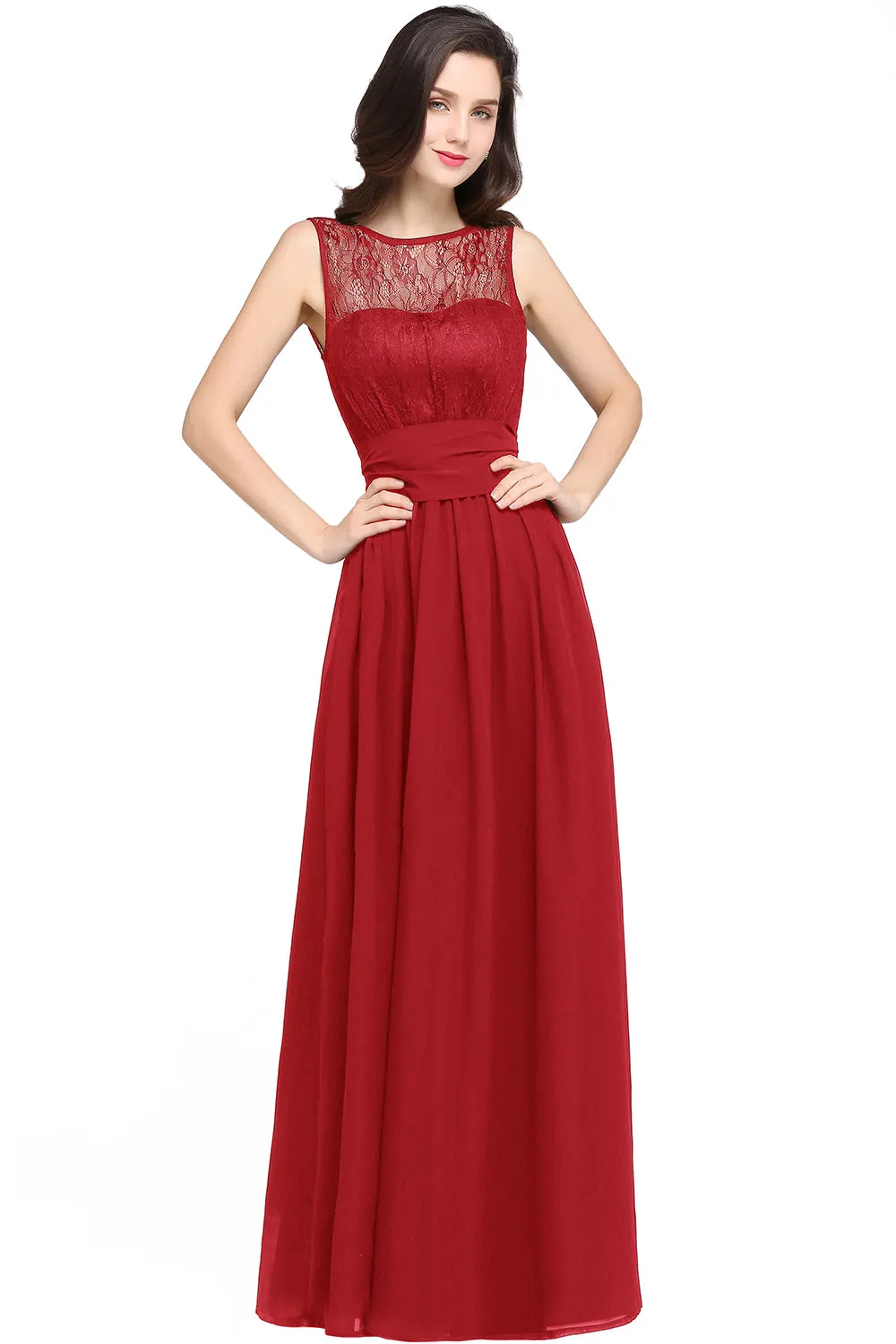 Off The Shoulder Round Neck Chiffon Long Bridesmaid Dress with Floral Lace and Ruffle