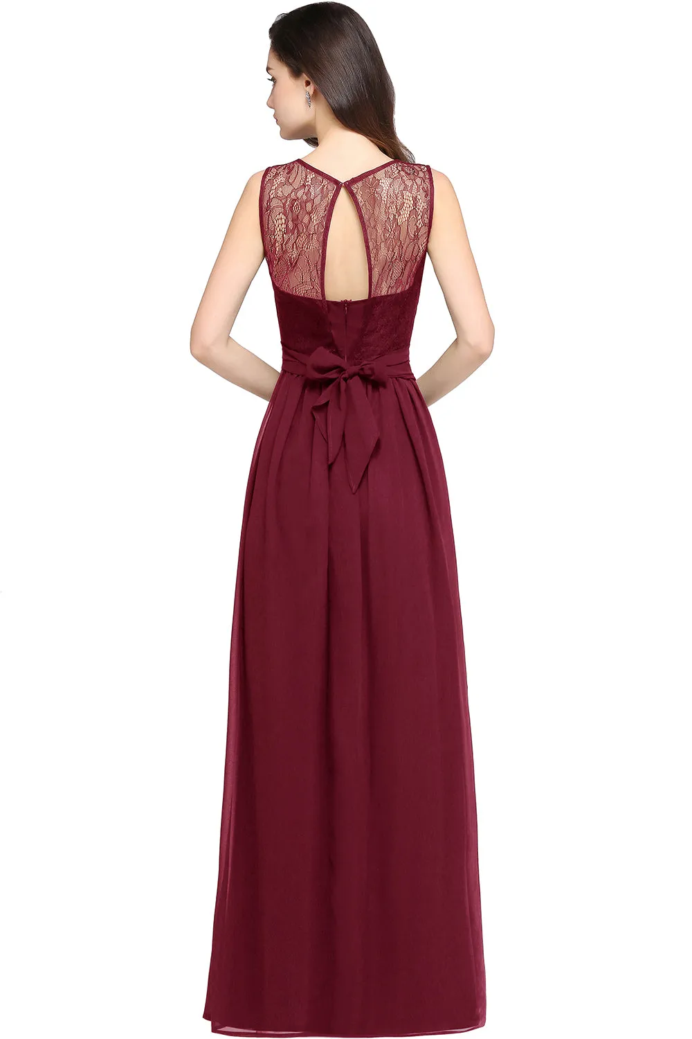 Off The Shoulder Round Neck Chiffon Long Bridesmaid Dress with Floral Lace and Ruffle