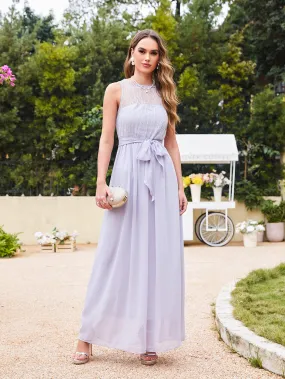 Off The Shoulder Round Neck Chiffon Long Bridesmaid Dress with Floral Lace and Ruffle