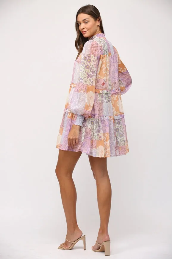 Patchwork Print Chiffon Mock Neck Tiered Dress