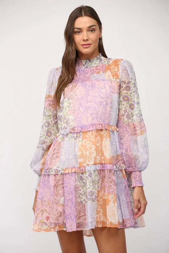 Patchwork Print Chiffon Mock Neck Tiered Dress