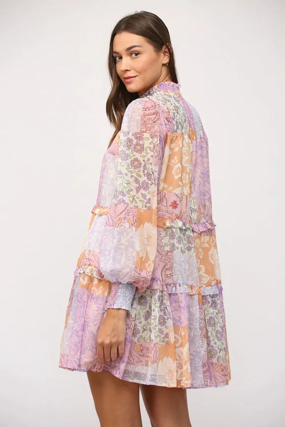 Patchwork Print Chiffon Mock Neck Tiered Dress