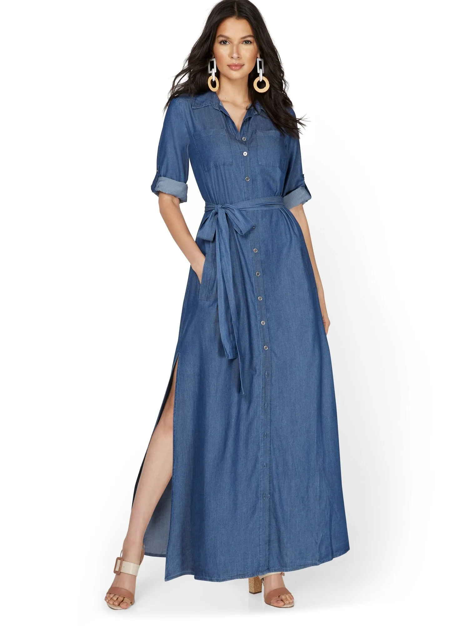 Petite Chambray Belted Maxi Shirtdress