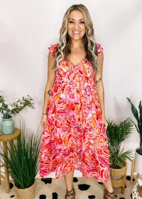 Pink and Red Floral Ruffle Shoulder Maxi Dress