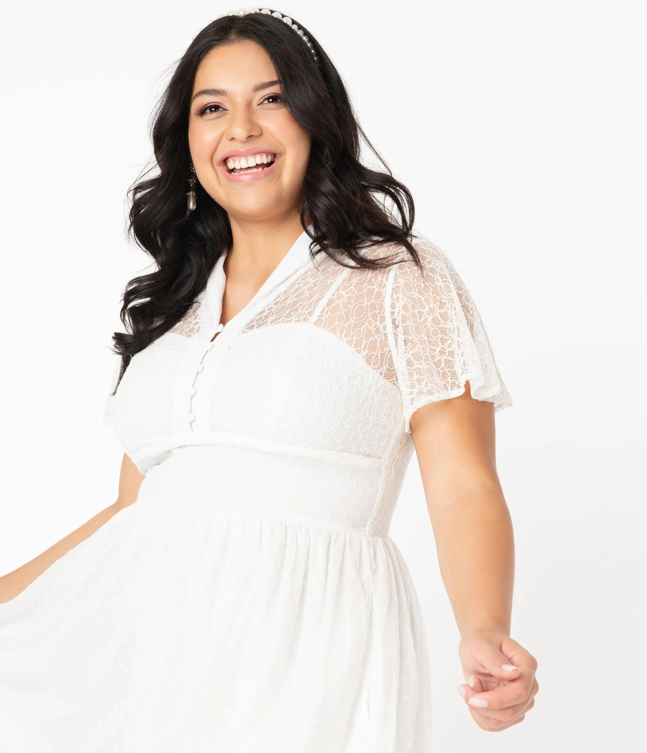 Plus Size Vintage Style White Lace & Flocked Naomi Swing Dress