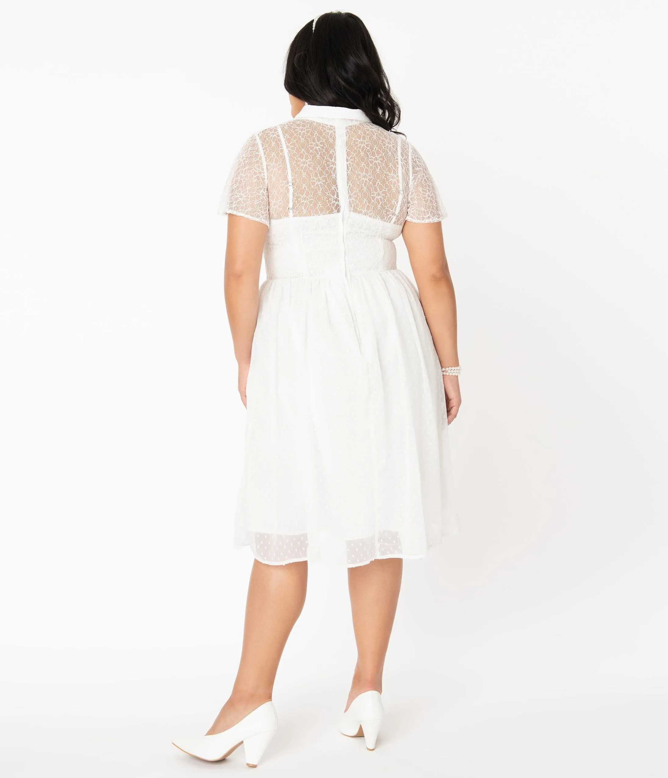 Plus Size Vintage Style White Lace & Flocked Naomi Swing Dress