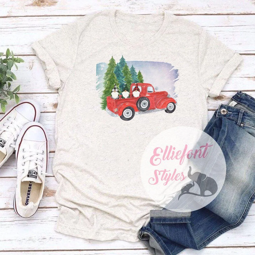 Red Vintage Truck Shirt Buffalo Plaid Gnomes Christmas Trees Cute Winter Christmas Shirt Holiday Tee