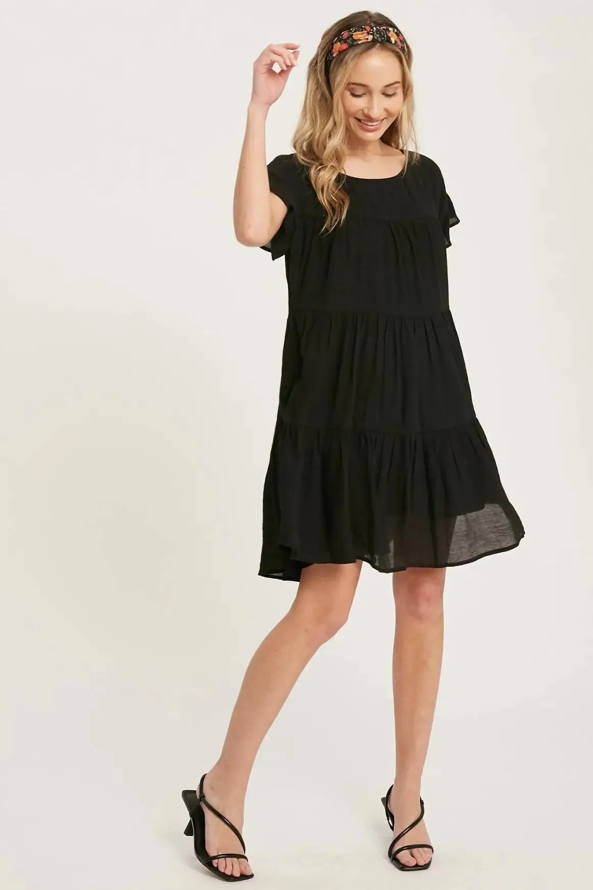 Ruffle Hem Tiered Black Baby-Doll Dress