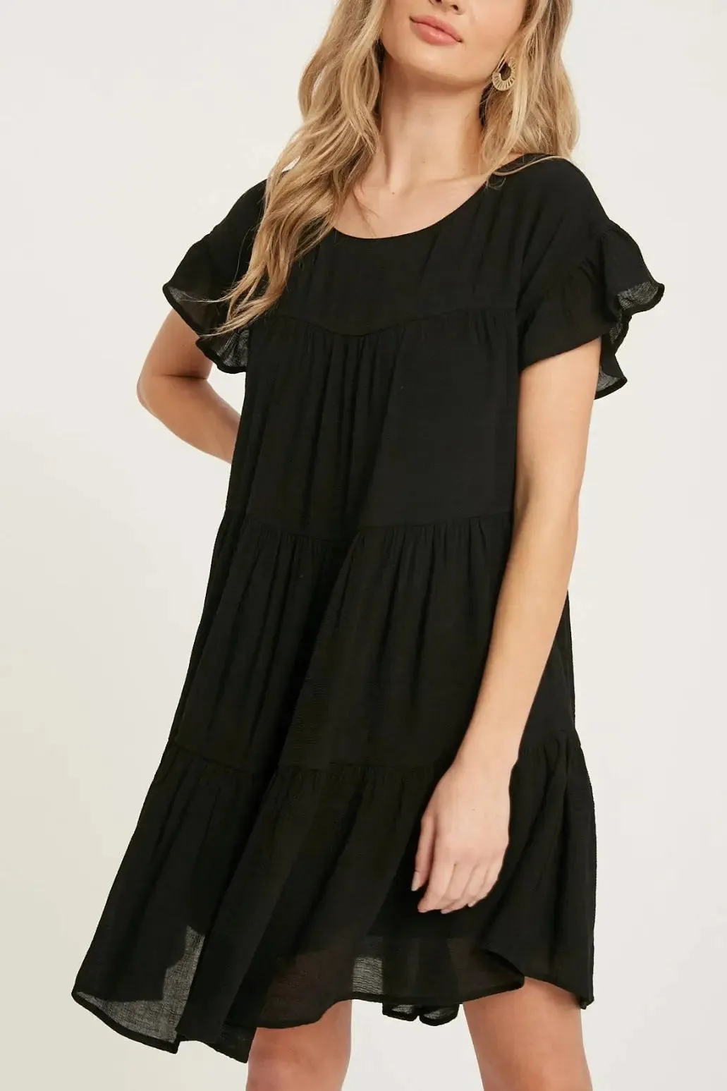 Ruffle Hem Tiered Black Baby-Doll Dress