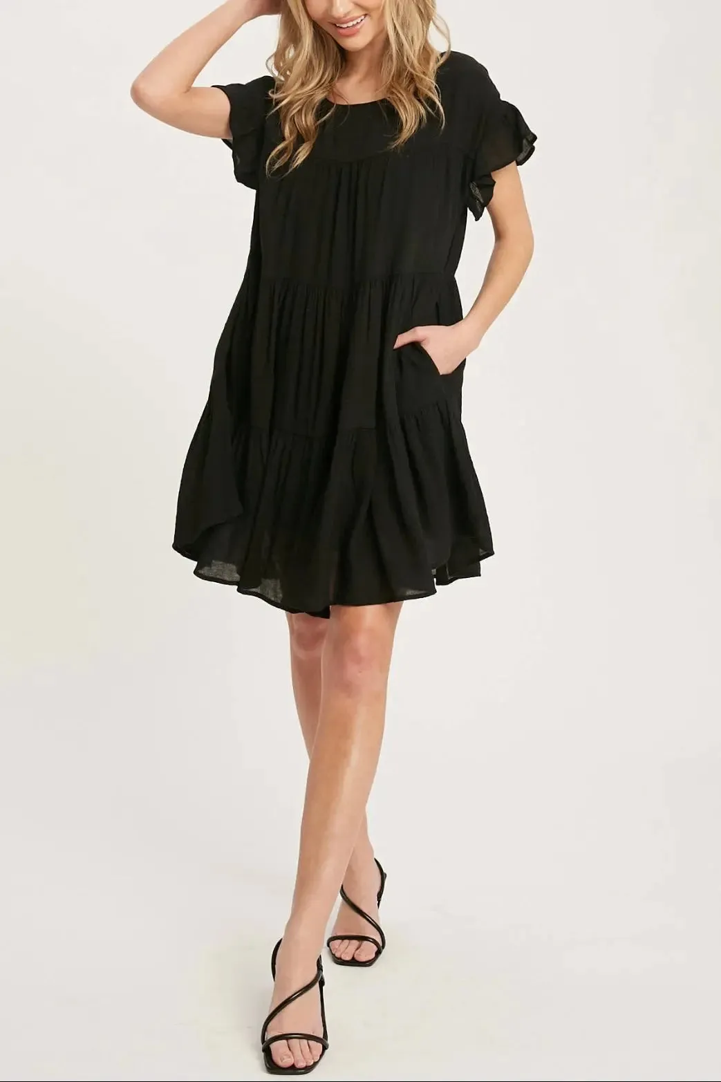 Ruffle Hem Tiered Black Baby-Doll Dress