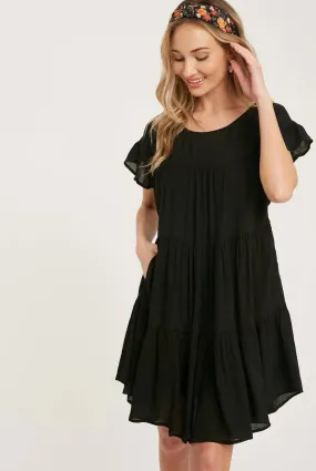 Ruffle Hem Tiered Black Baby-Doll Dress