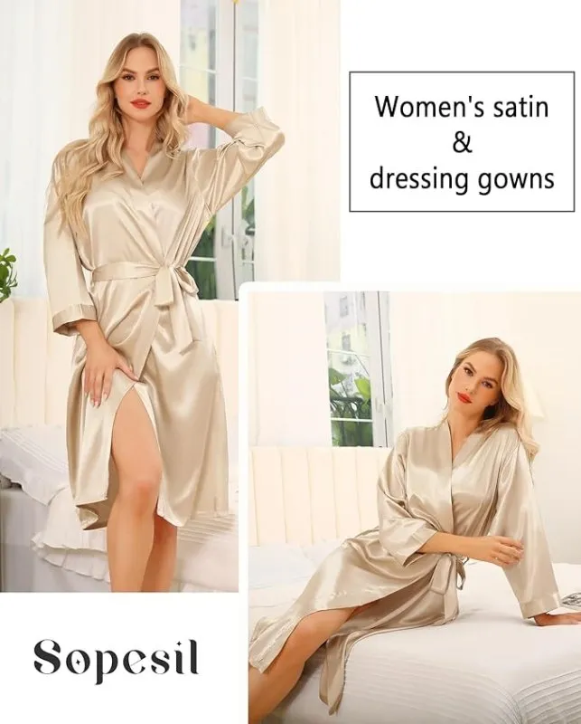 Sopesil Women's Satin Dressing Gowns Long Ladies Kimono Morning Robes Bridal Soft Wedding Party Sleepwear V-Neck