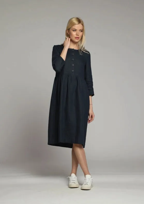 Sorrento Loose Linen Dress with Sleeves and High Waist