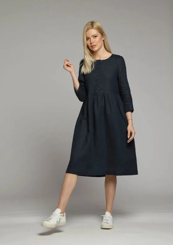 Sorrento Loose Linen Dress with Sleeves and High Waist