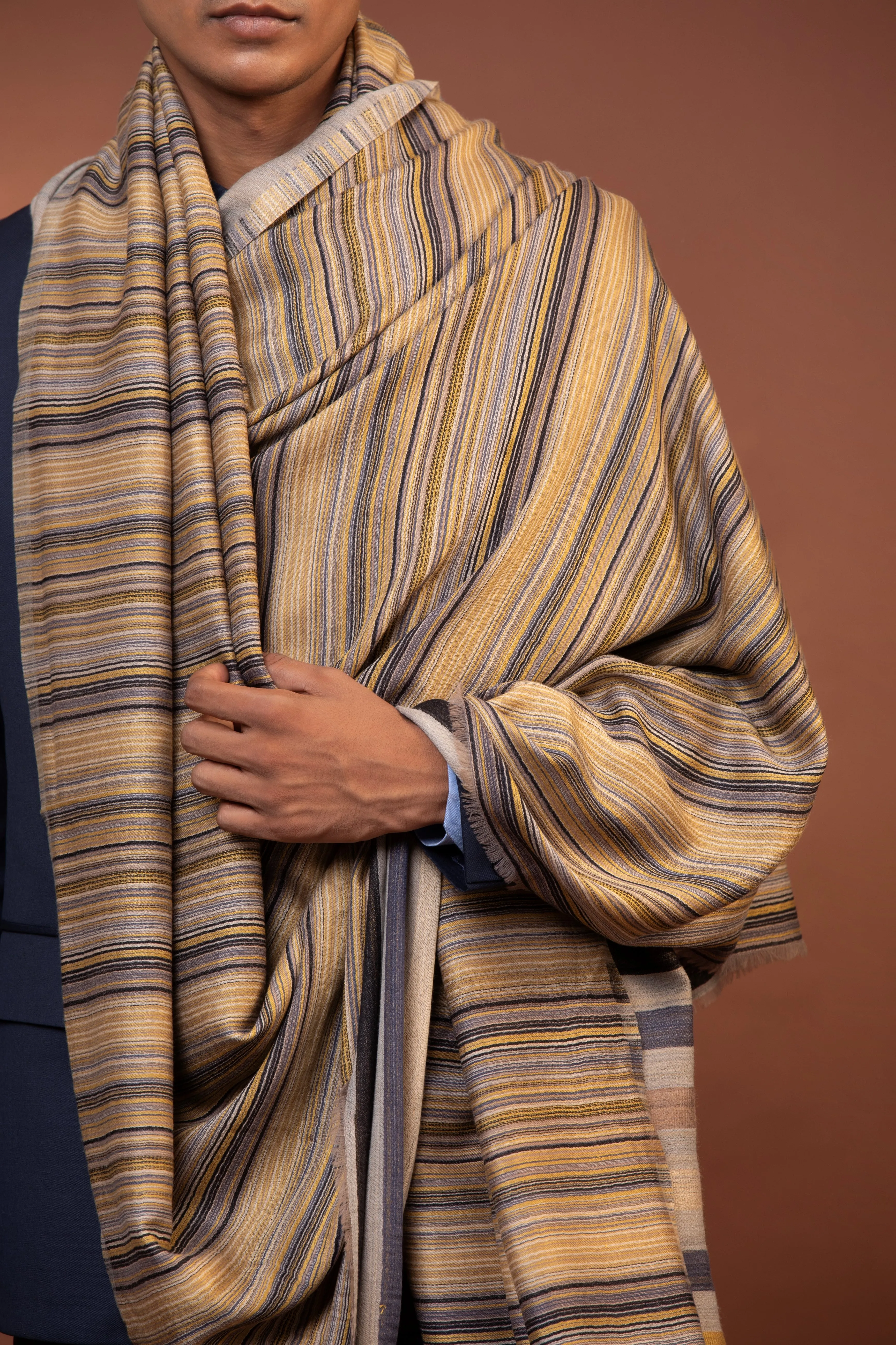 Striped Woven Design Pure Wool Shawl Handloom Fine Wool Stole