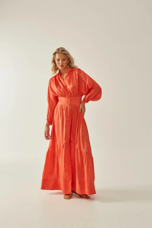 Timeless Silk-Linen Chiffon Buttoned Maxi Dress Coral