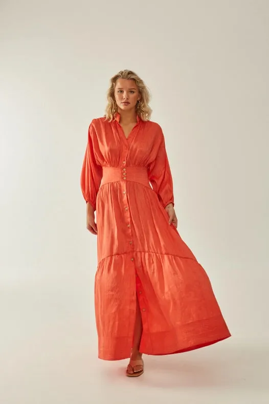 Timeless Silk-Linen Chiffon Buttoned Maxi Dress Coral