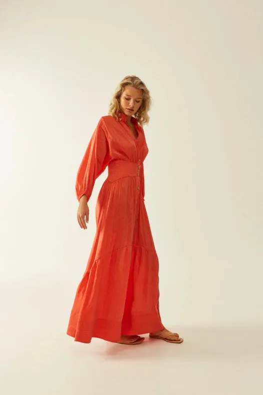 Timeless Silk-Linen Chiffon Buttoned Maxi Dress Coral