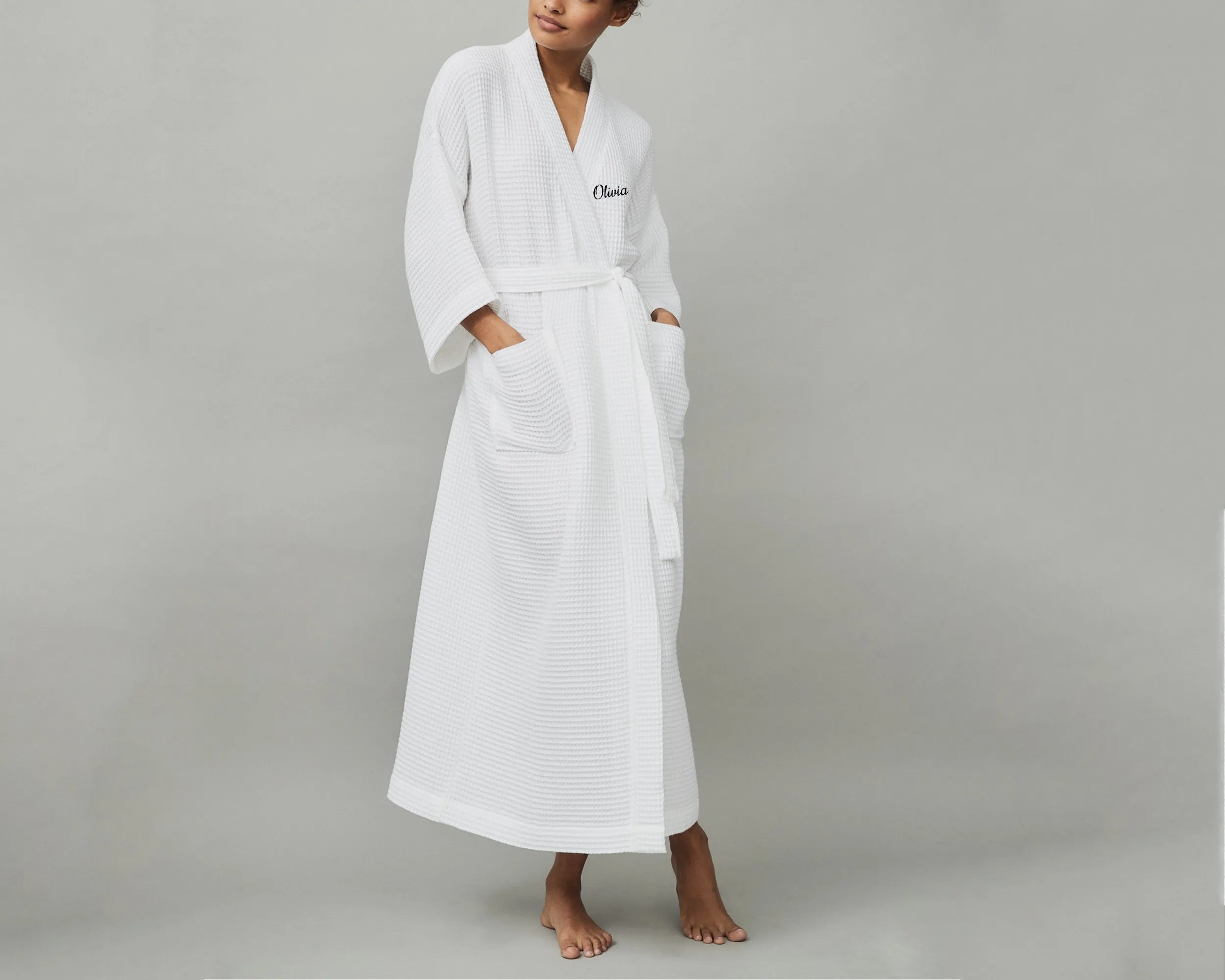 Waffle Robe | Bathrobe features Customizable Embroidery Text Options.