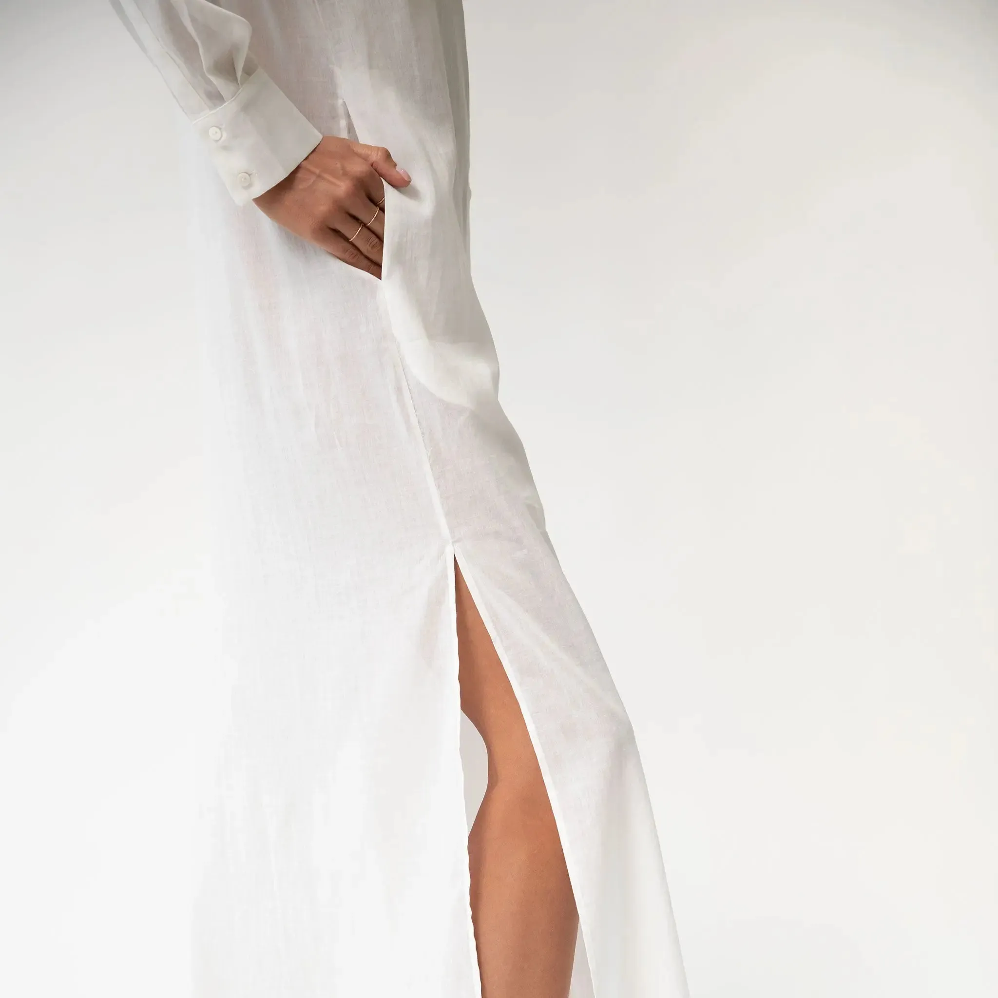 White Linen Voile Button-Down Long Shirt Dress