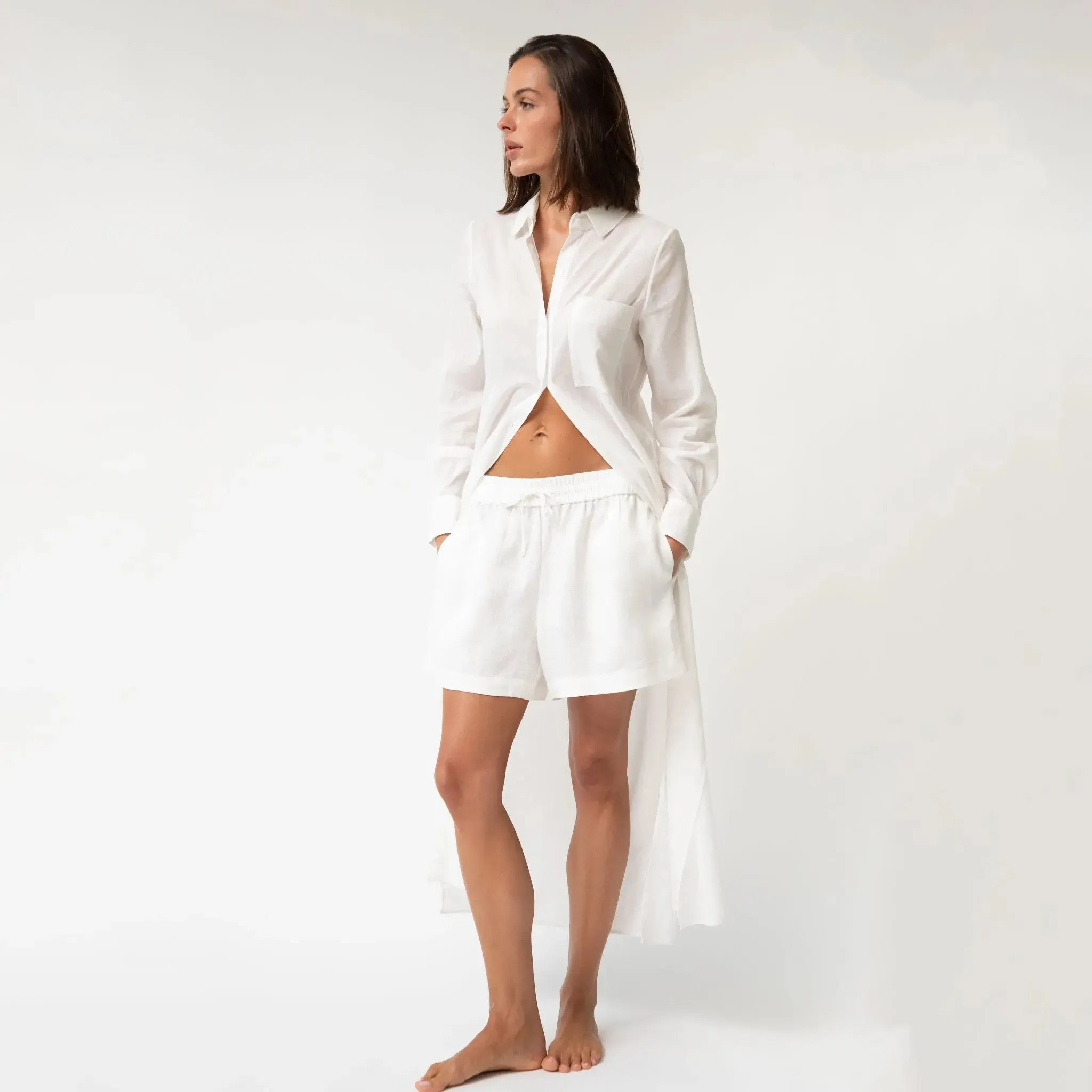 White Linen Voile Button-Down Long Shirt Dress