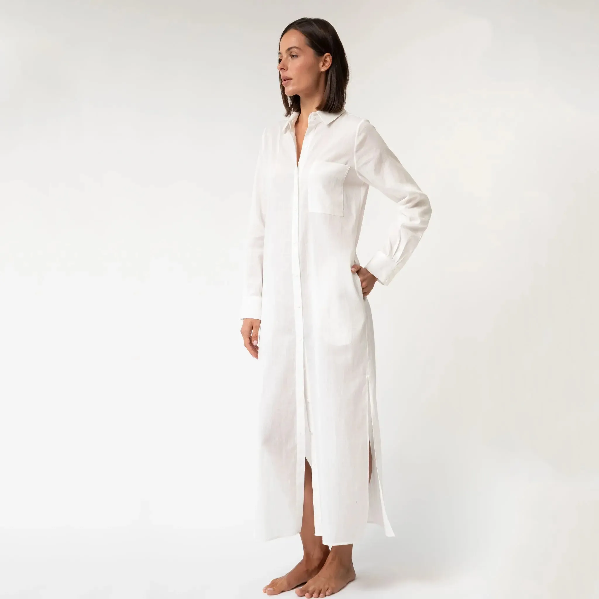 White Linen Voile Button-Down Long Shirt Dress