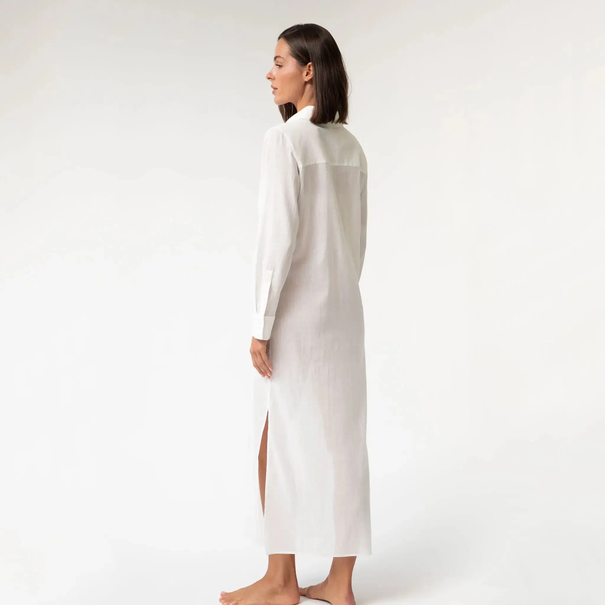 White Linen Voile Button-Down Long Shirt Dress