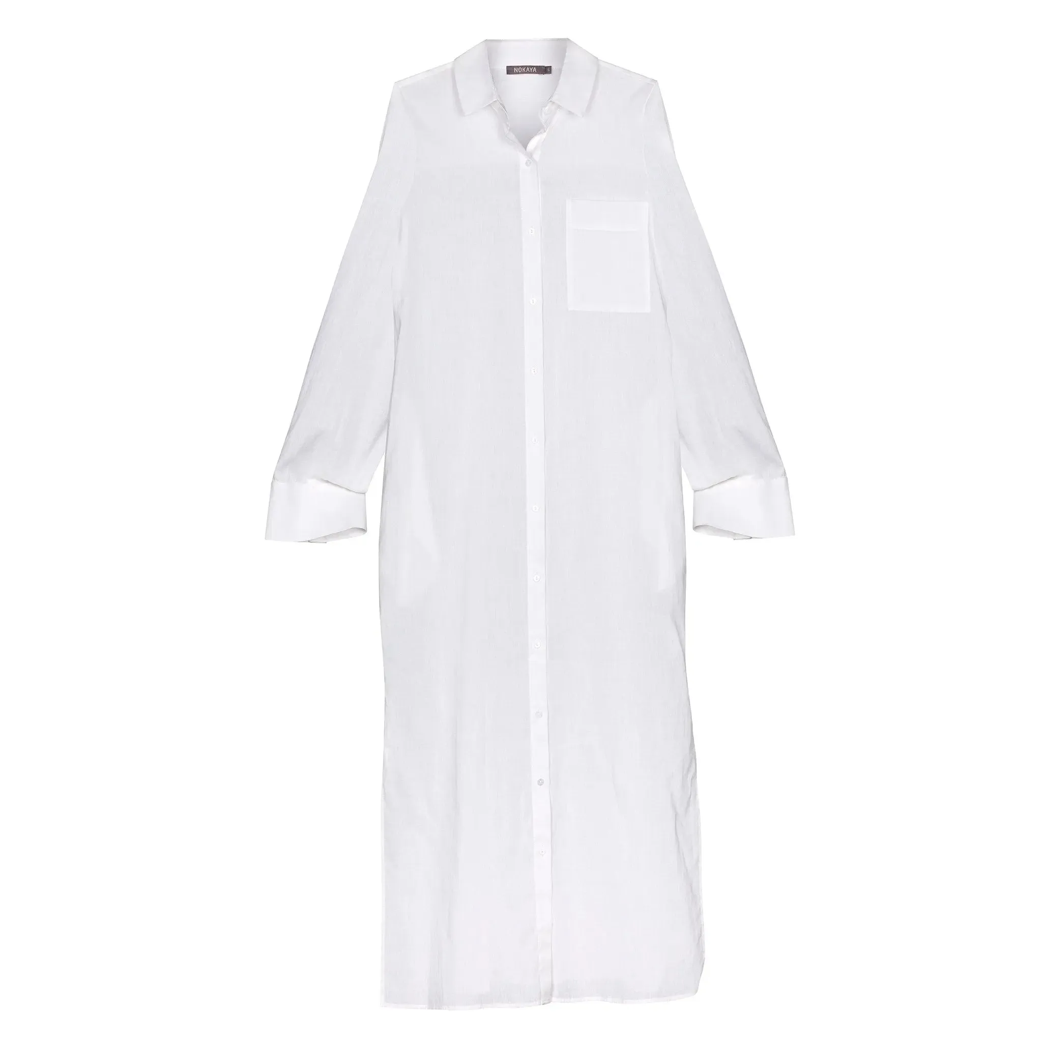 White Linen Voile Button-Down Long Shirt Dress