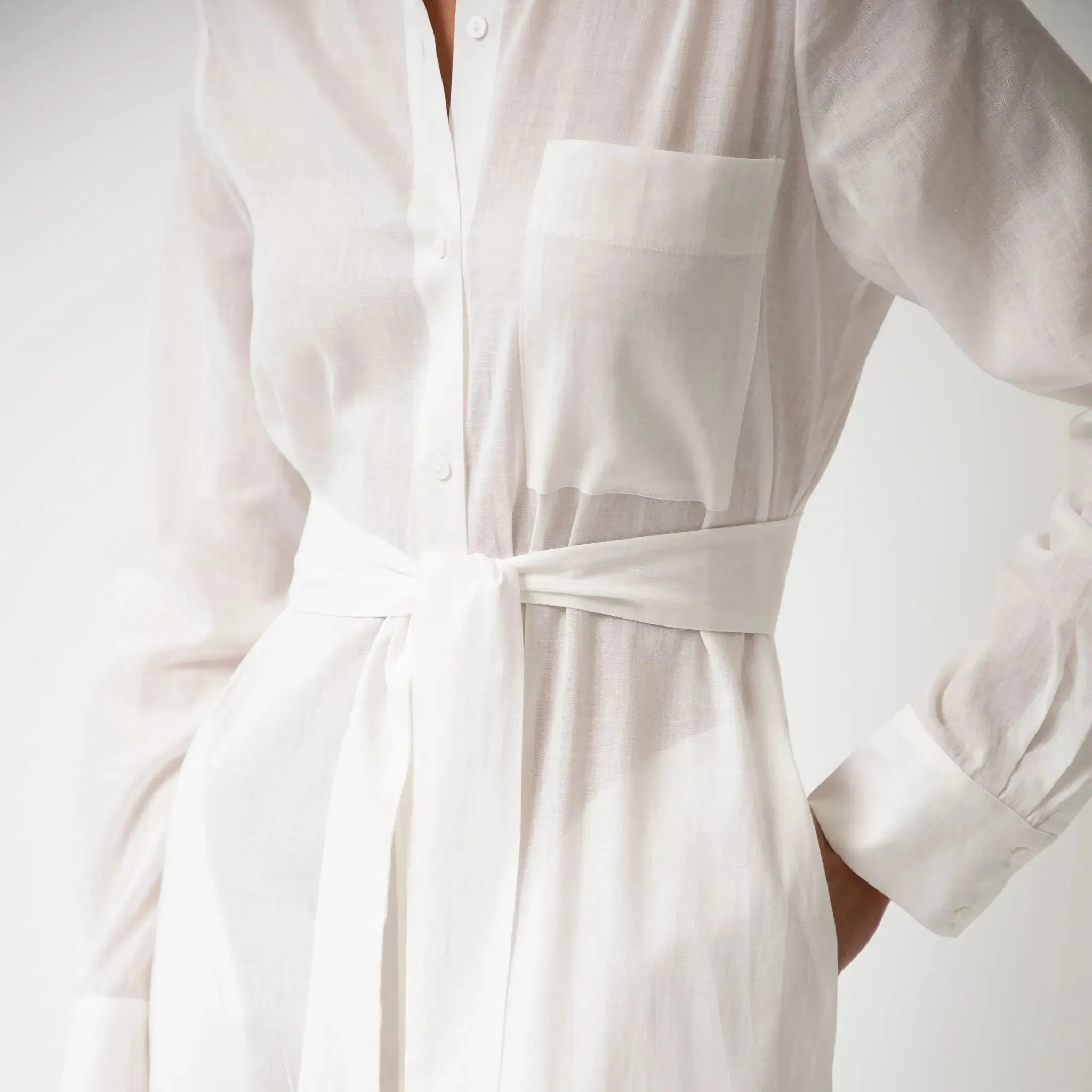 White Linen Voile Button-Down Long Shirt Dress