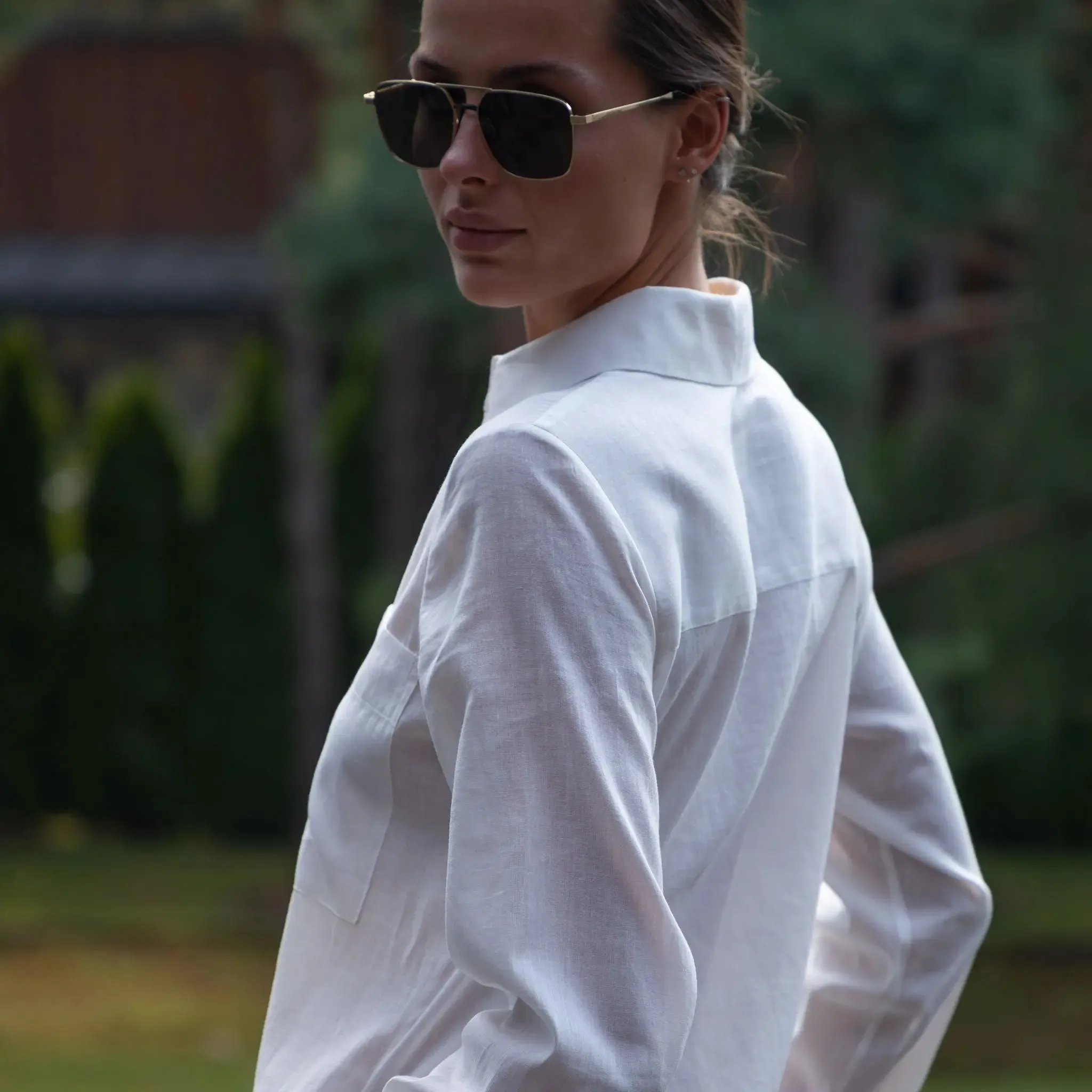 White Linen Voile Button-Down Long Shirt Dress