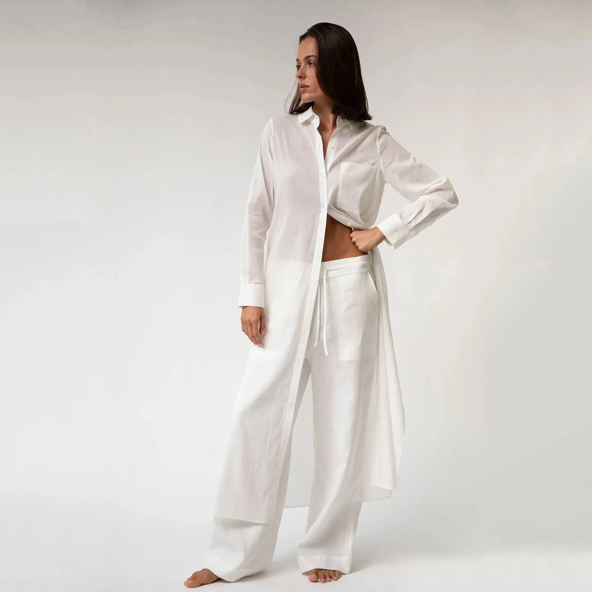 White Linen Voile Button-Down Long Shirt Dress