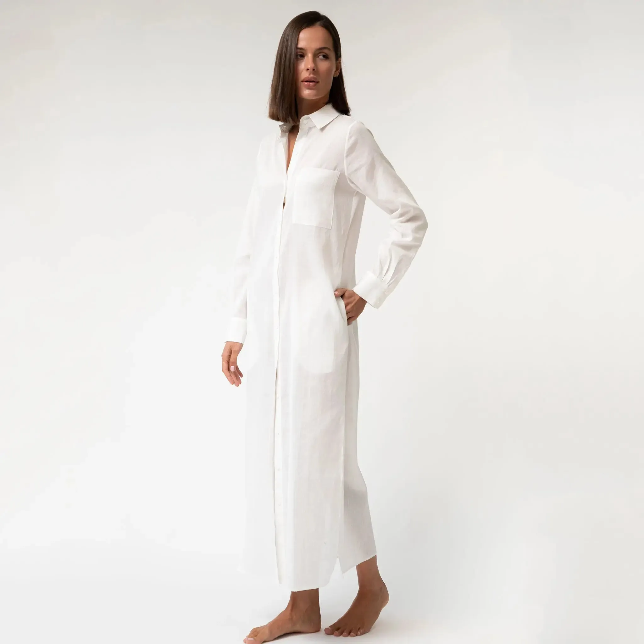 White Linen Voile Button-Down Long Shirt Dress