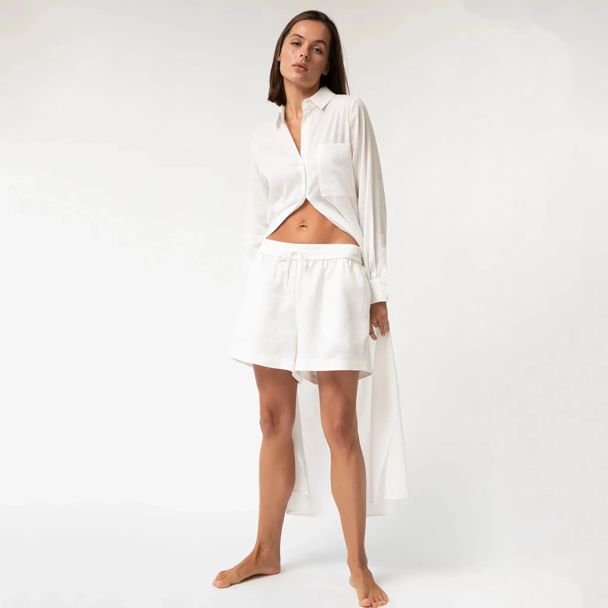 White Linen Voile Button-Down Long Shirt Dress