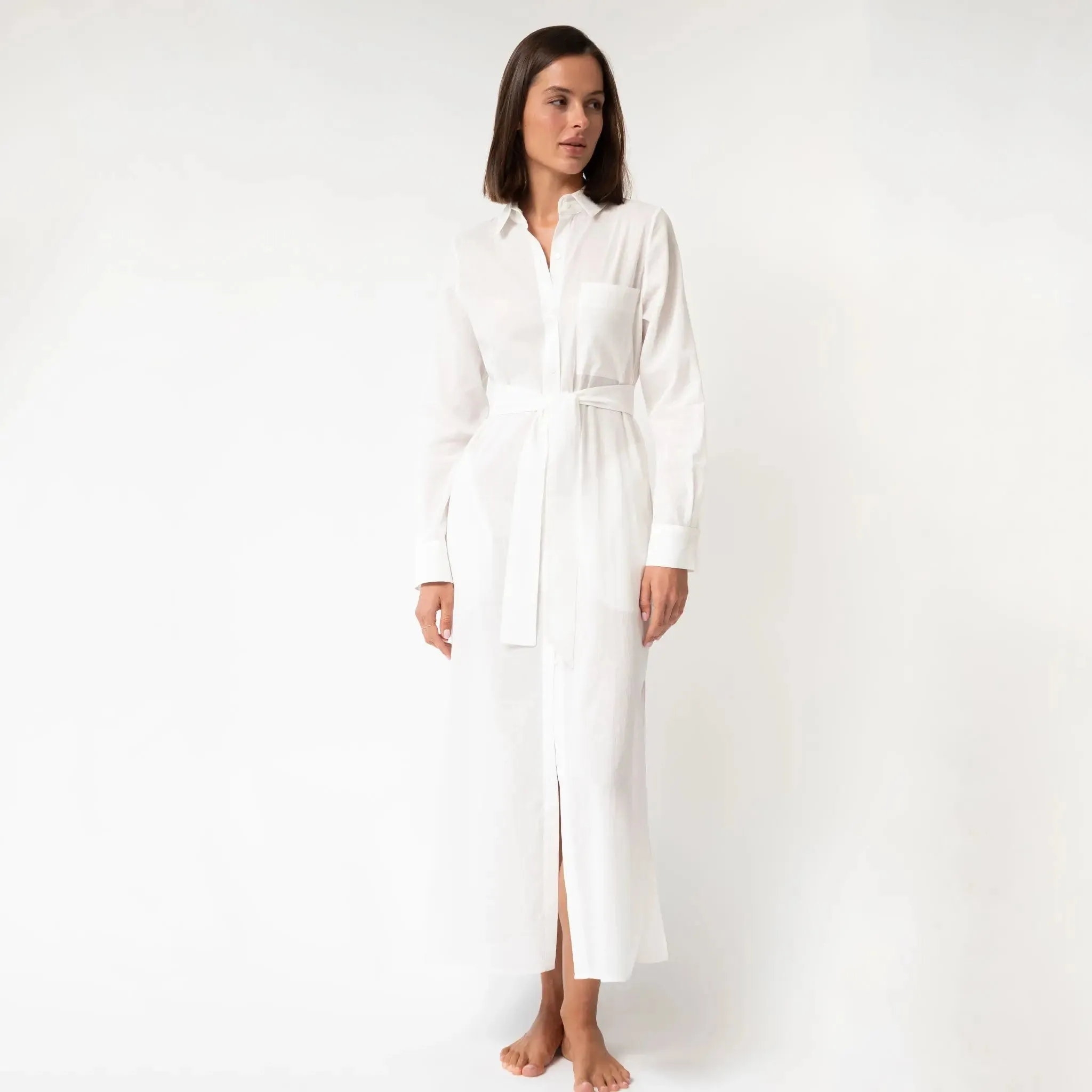 White Linen Voile Button-Down Long Shirt Dress