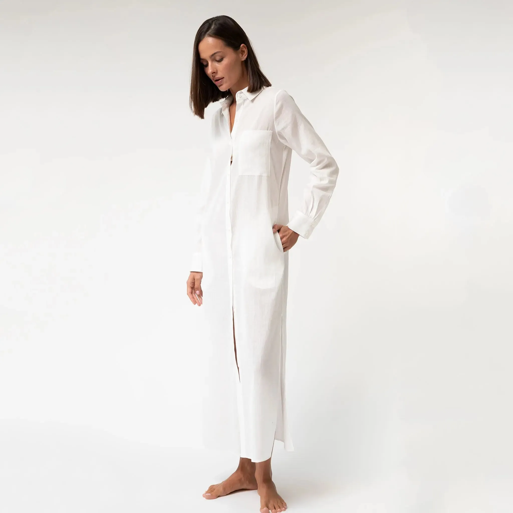 White Linen Voile Button-Down Long Shirt Dress