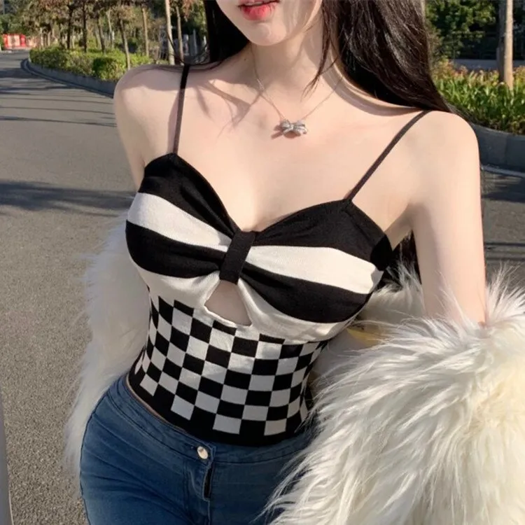 Wjczt Checkerboard Crop Top Women Sexy Hollowed Knitting Tank Top Bowknot Soft Comfortable Breathable Camisole 2022 New