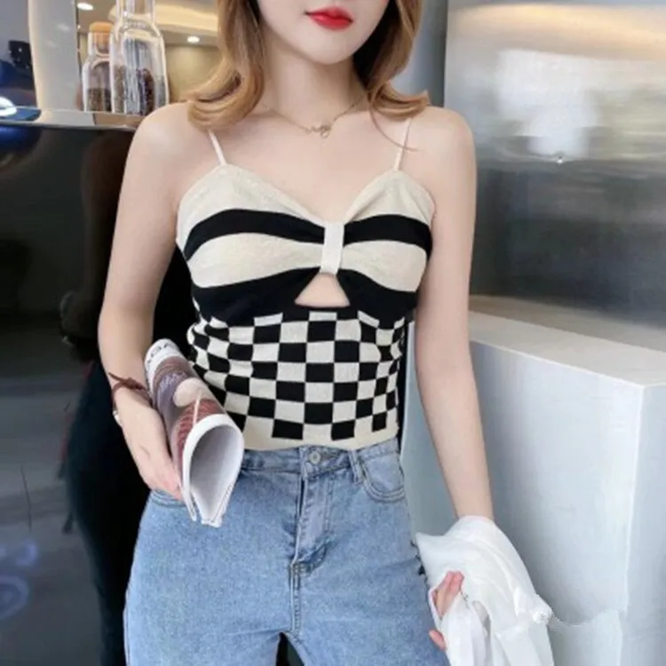 Wjczt Checkerboard Crop Top Women Sexy Hollowed Knitting Tank Top Bowknot Soft Comfortable Breathable Camisole 2022 New