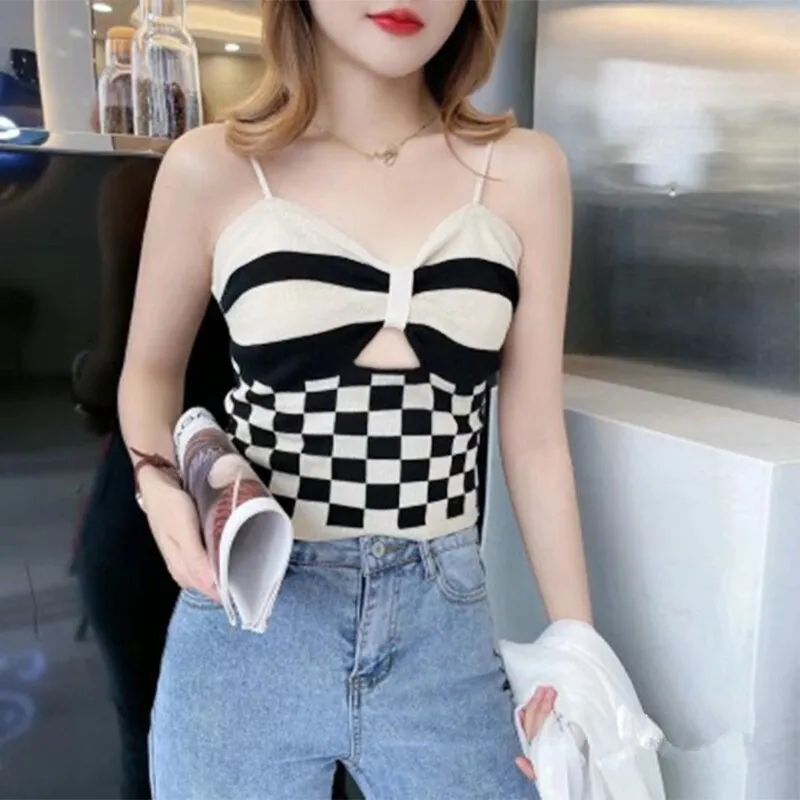 Wjczt Checkerboard Crop Top Women Sexy Hollowed Knitting Tank Top Bowknot Soft Comfortable Breathable Camisole 2022 New