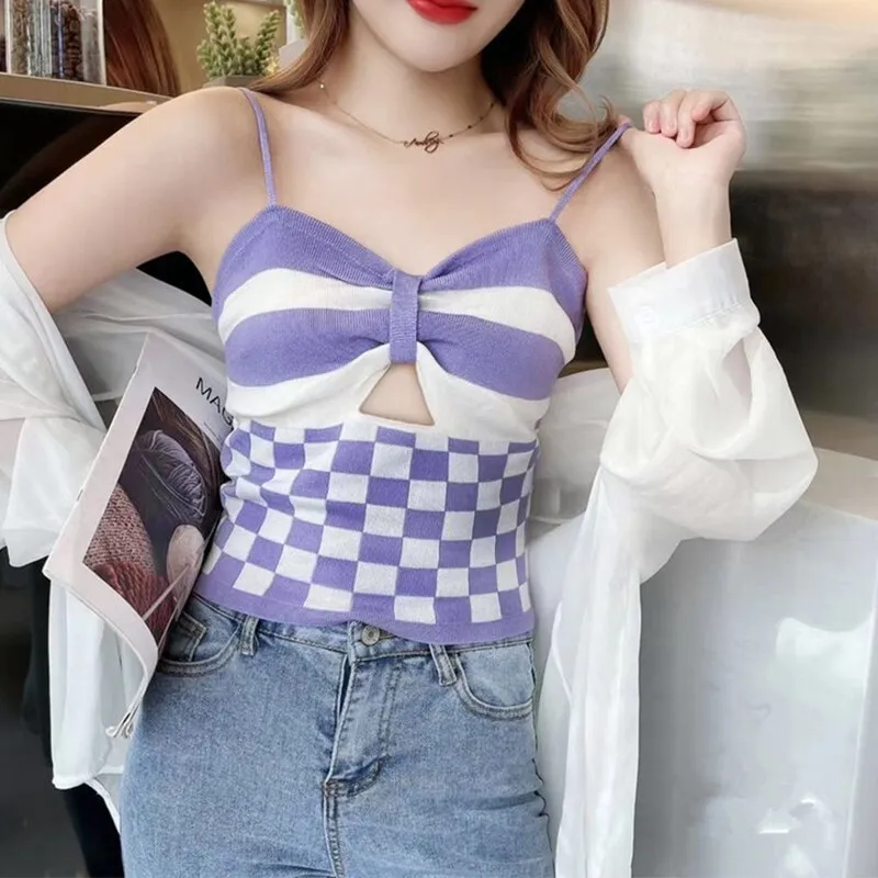 Wjczt Checkerboard Crop Top Women Sexy Hollowed Knitting Tank Top Bowknot Soft Comfortable Breathable Camisole 2022 New