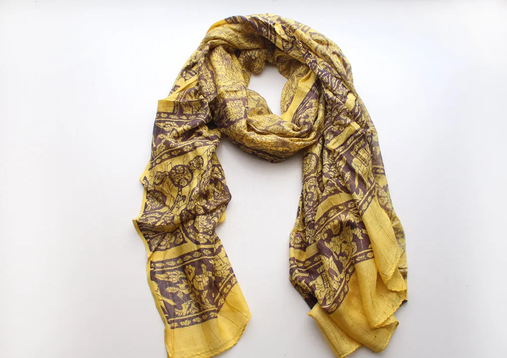 Yellow and Marron Cotton Summer Scarf with Flower Print